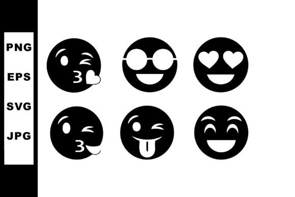 Black Round Emoji Icons with Kiss, Smile Graphics and Illustrations