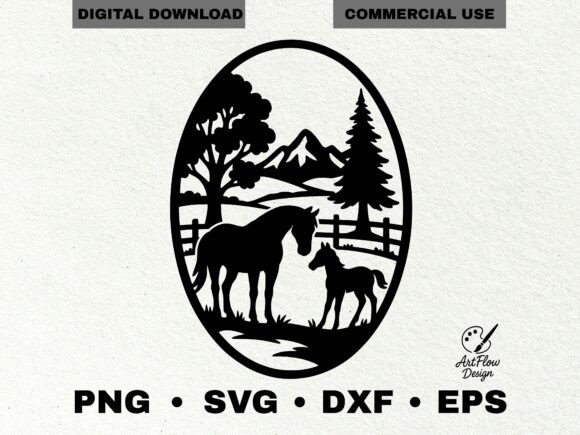 Horse and Foal Oval Silhouette SVG Graphics & Illustrations