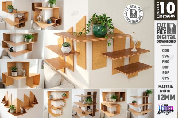 Modern Corner Shelf Laser Cut Bundle SVG: Wall Decor for Content